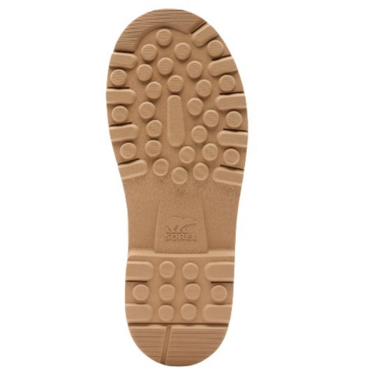 Brown sole of a shoe with Sorel logo on a white background