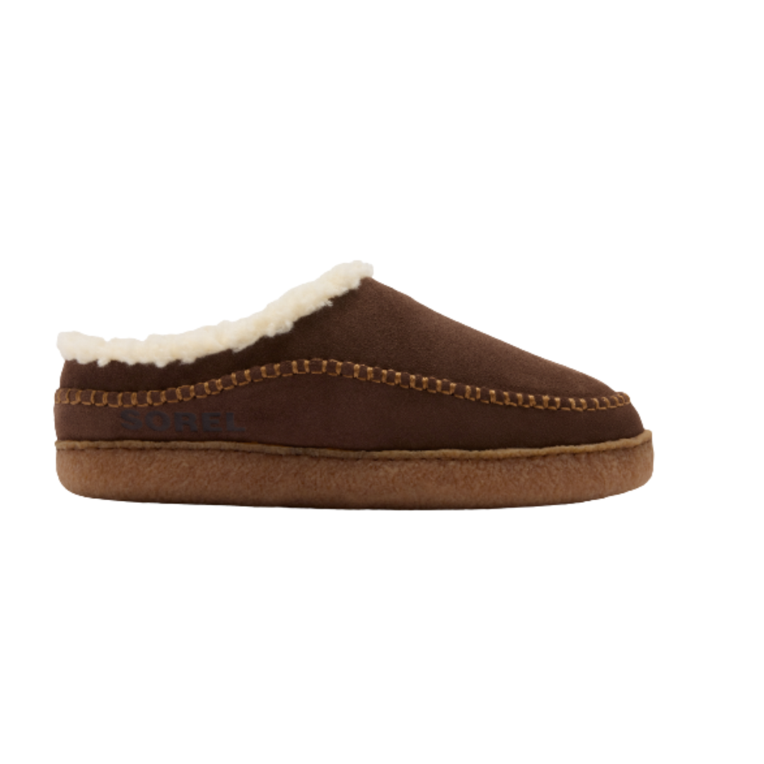 Brown slipper with white lining on a white background