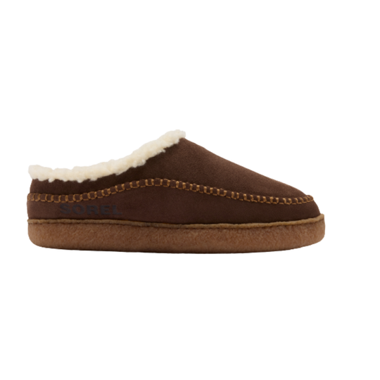 Brown slipper with white lining on a white background