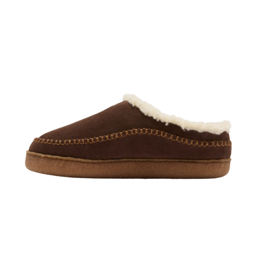 Brown slipper with white lining on a white background