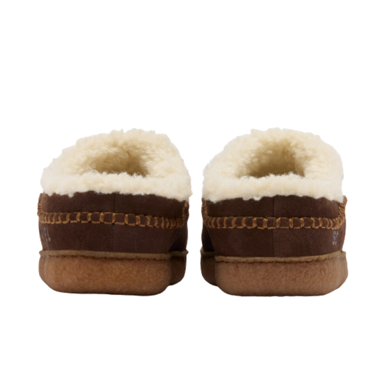 Pair of brown slippers with white fur lining on a white background