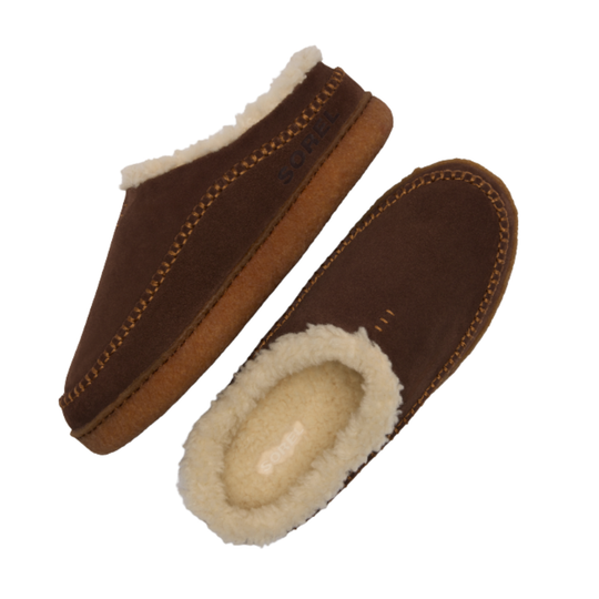Pair of brown slippers with white fur lining on a white background