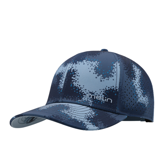 Blue camouflage baseball cap with 'MELIN' branding on a white background