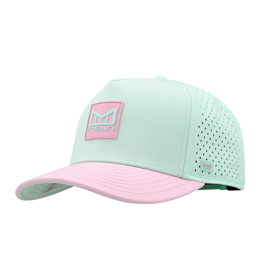 Mint and pink cap with a visible brand logo on a white background
