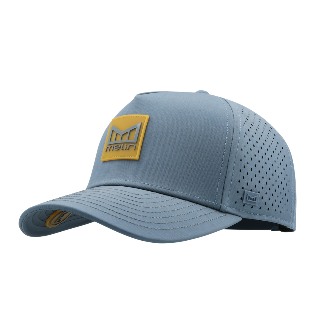 Blue baseball cap with a yellow logo on a white background