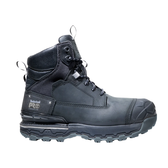 Black work boot with brand logo on a white background