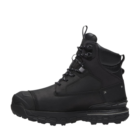 Black work boot on a white background
