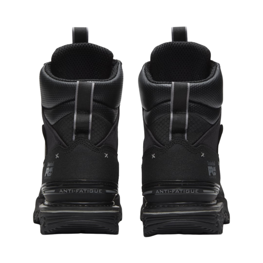 Black work boots with 'Anti-Fatigue' text on a white background