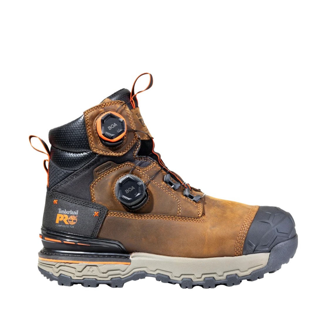 Brown and black boot with orange accents on a white background