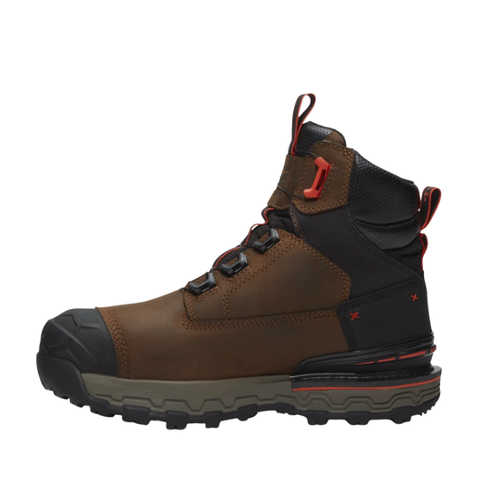 Brown and black boot with red accents on a white background