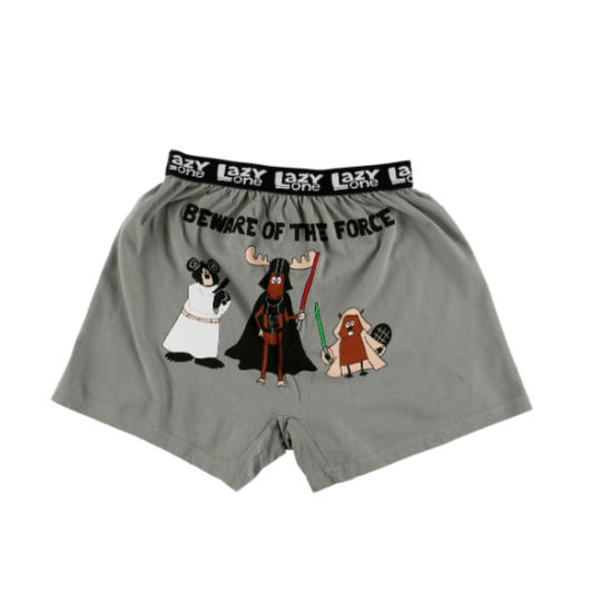 Gray boxer shorts with cartoon characters and text on a white background
