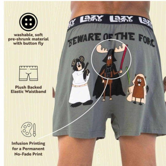 Gray boxer briefs with cartoon characters and text on a beige background