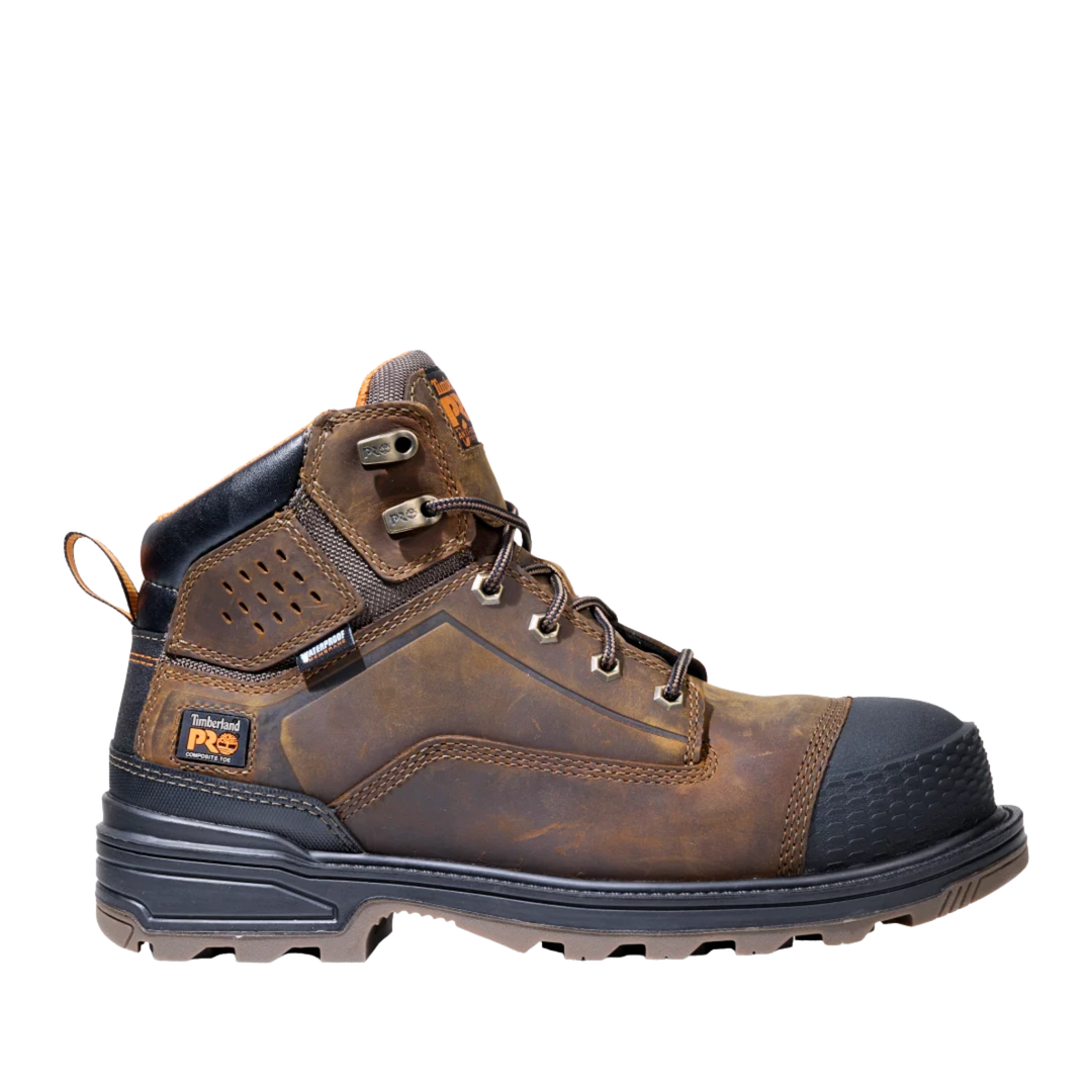 Brown and black work boot on a white background