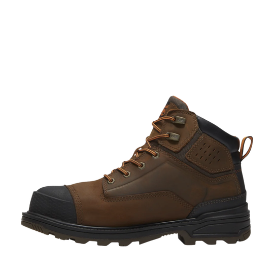 Brown hiking boot with black sole on a white background