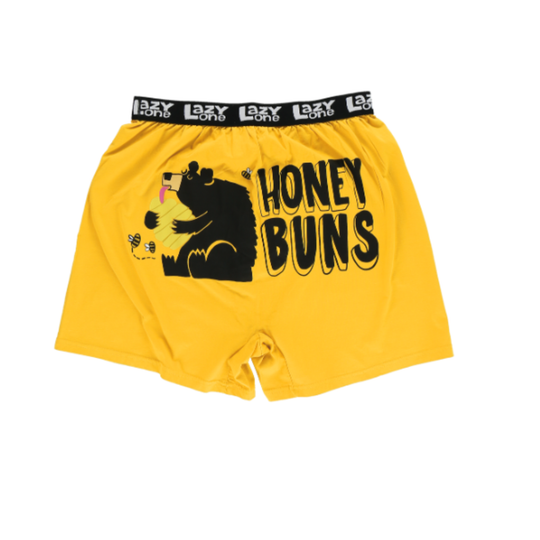Yellow boxer briefs with a bear graphic and 'Honey Buns' text on a white background