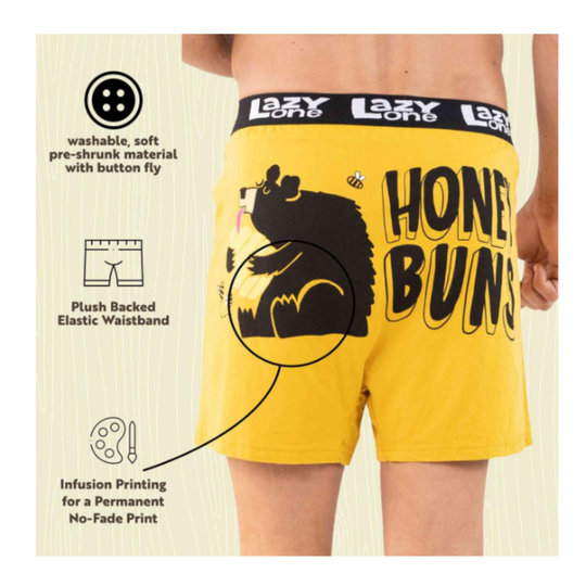 Yellow boxer briefs with a bear graphic and 'Honey Buns' text, worn by a person.