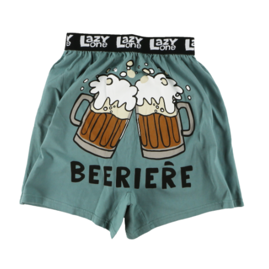Blue shorts with beer design and 'BEERIÞre' text on a white background