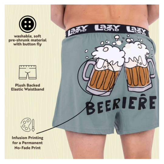Boxers with beer design and 'Lazy One' branding on a beige background