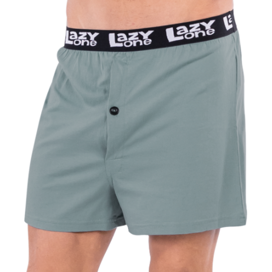 Blue shorts with a black waistband featuring 'Lazy One' branding on a white background.