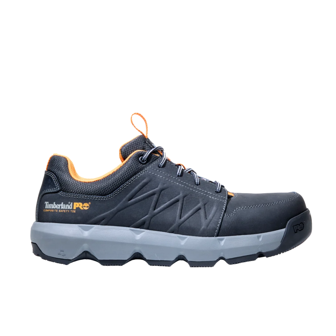 Gray/black work shoe with orange accents on a white background