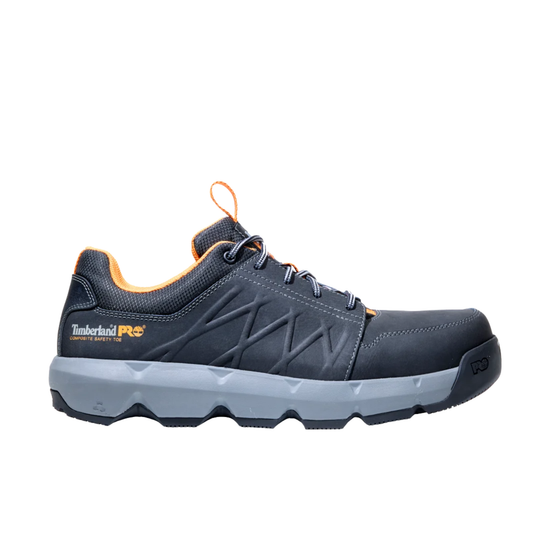 Gray/black work shoe with orange accents on a white background