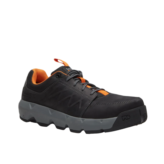 Black and orange athletic work shoe on a white background