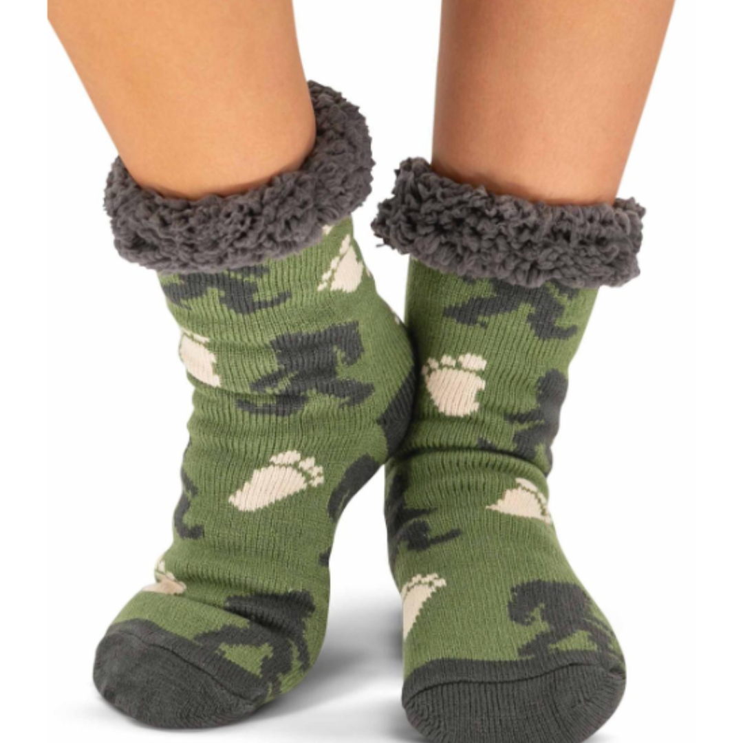 Dusty Turquois camouflage-patterned socks with gray cuffs on a white background