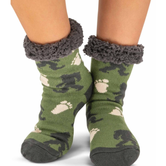 Dusty Turquois camouflage-patterned socks with gray cuffs on a white background