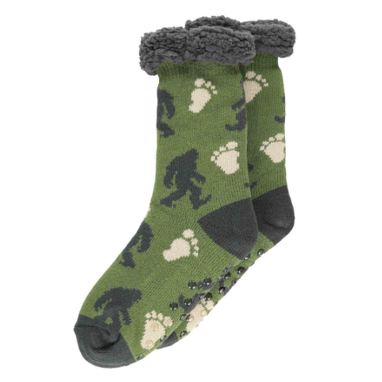 Turquois socks with bigfoot and paw print design on a white background
