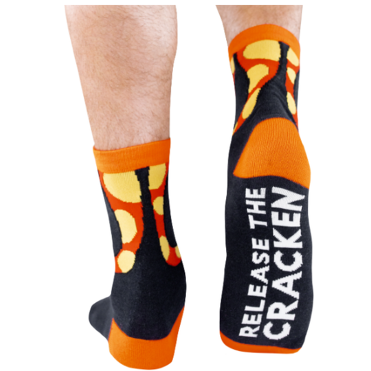 Blue & Orange socks with a design and text on a white background