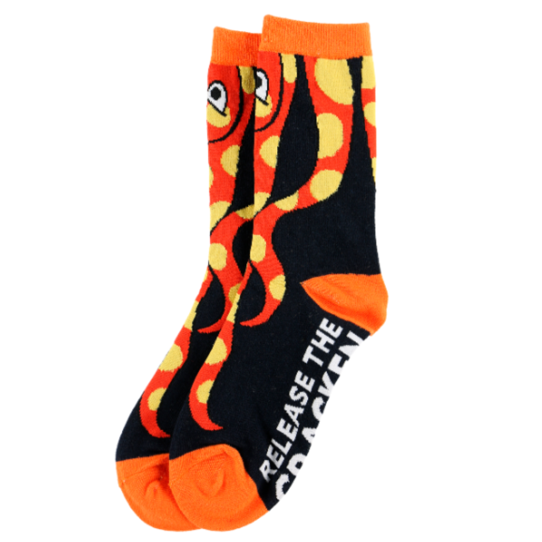 Blue & Orange  socks with a snake design and text on a white background