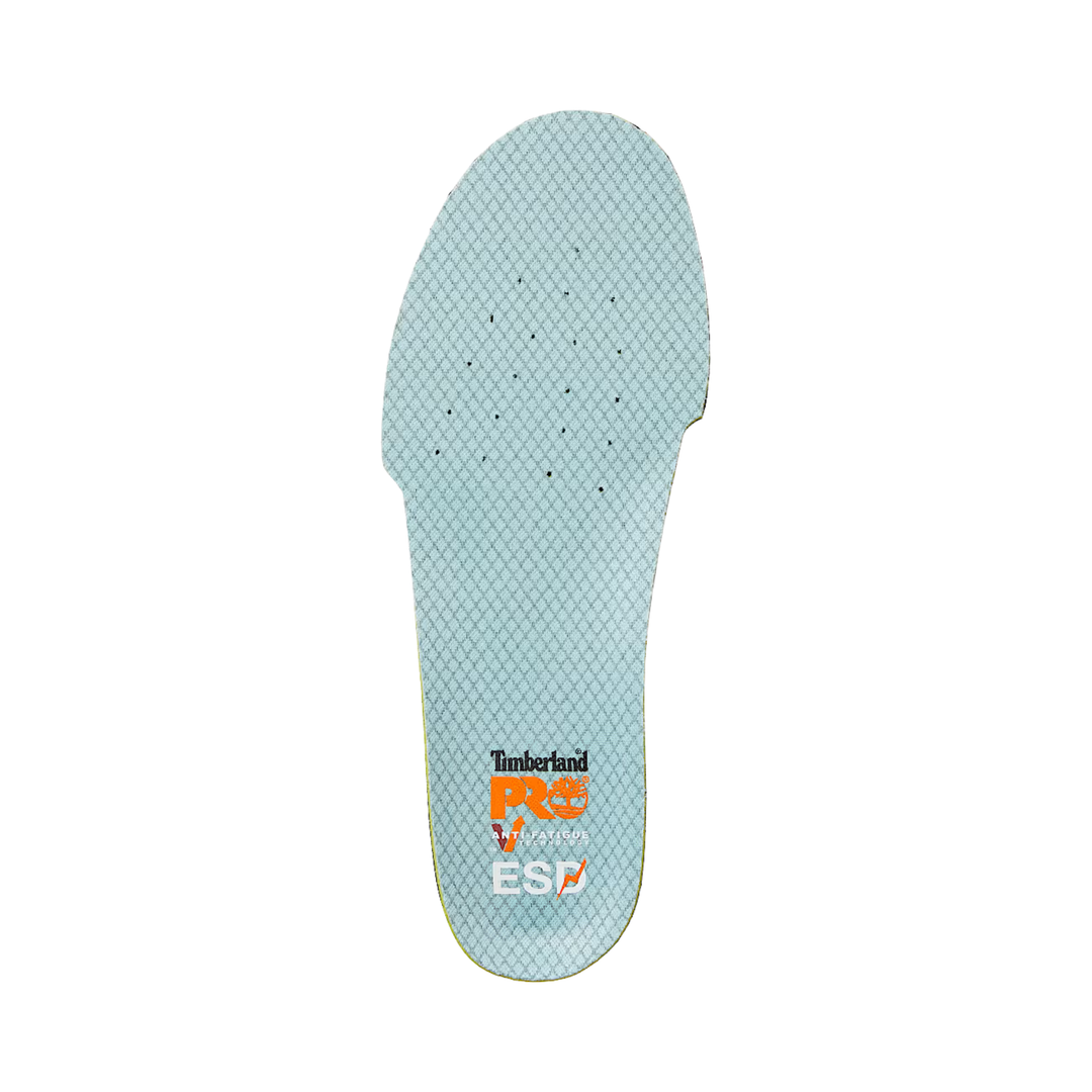 Light blue shoe insole with Timberland Pro branding on a white background