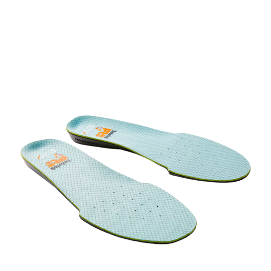 Pair of light blue shoe insoles on a white background