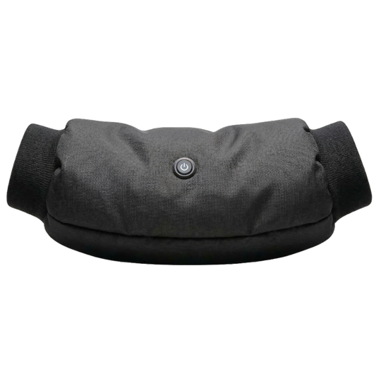 Black heated hand muff with black cuffs on a white background