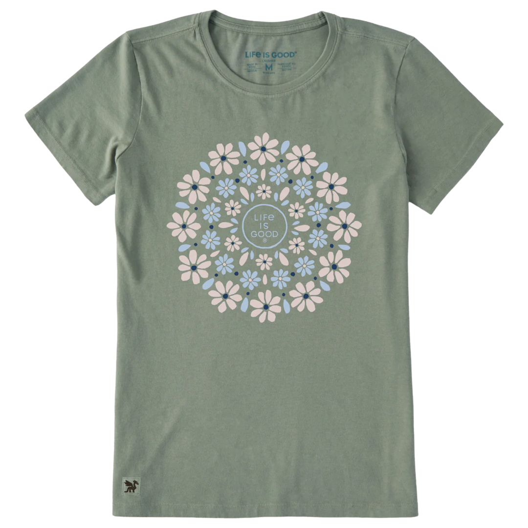 Green t-shirt with floral design and 'Life is Good' logo on a white background