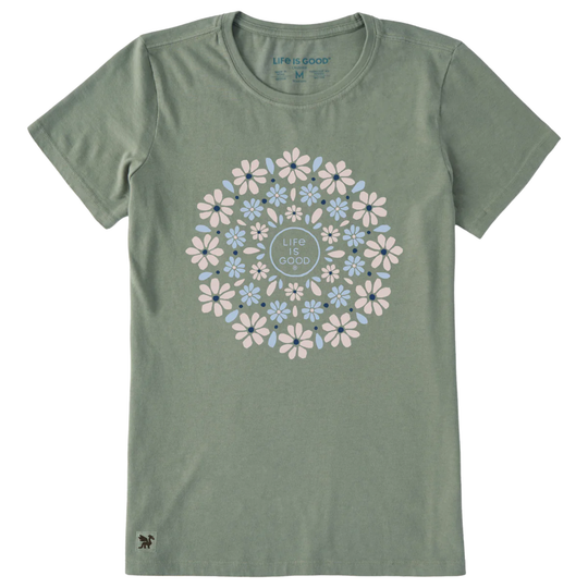 Green t-shirt with floral design and 'Life is Good' logo on a white background