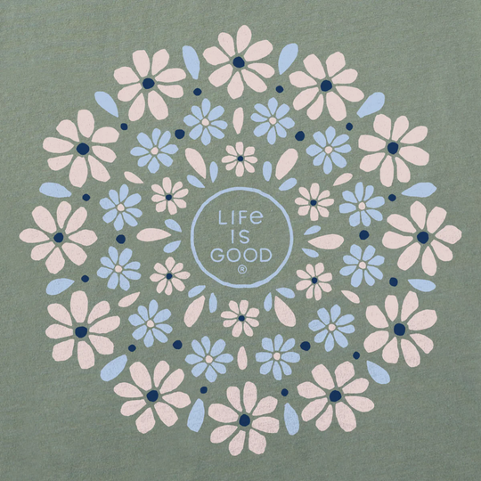 Floral pattern with 'Life is Good' logo on a green background