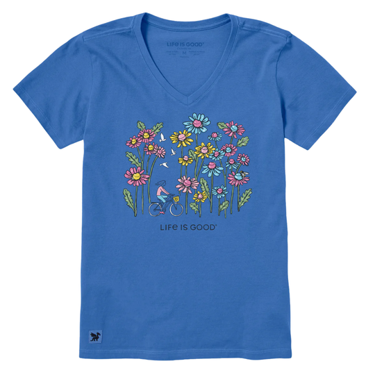 Blue t-shirt with floral design and 'Life is Good' text on a white background