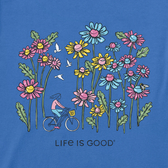 T-shirt design with colorful flowers and a cyclist on a blue background, featuring 'Life is Good' text.