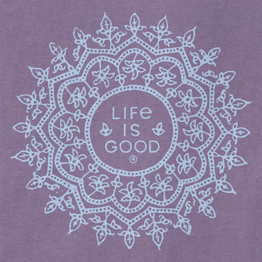 Purple t-shirt with 'Life is Good' logo and decorative elements on a purple background