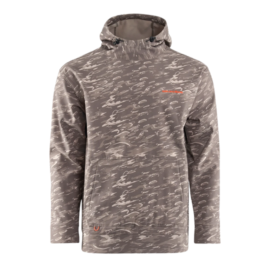 Camouflage hoodie with a brand logo on a white background