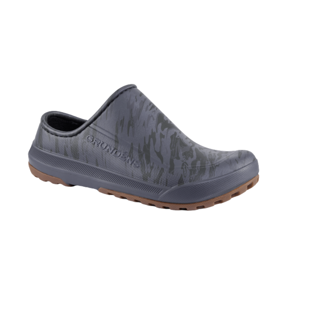 Gray slip-on shoe with patterned design on a white background