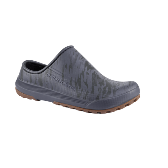 Gray slip-on shoe with patterned design on a white background