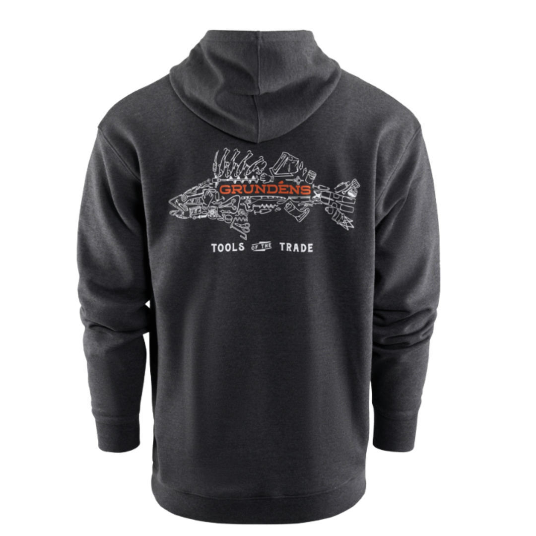 Dark gray hoodie with a fish and logo design on the back, on a white background