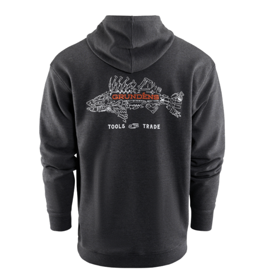 Dark gray hoodie with a fish and logo design on the back, on a white background