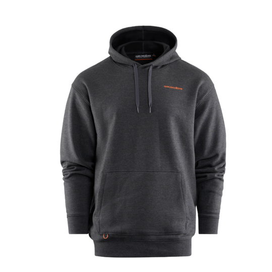 Dark gray hoodie with a brand logo on a white background
