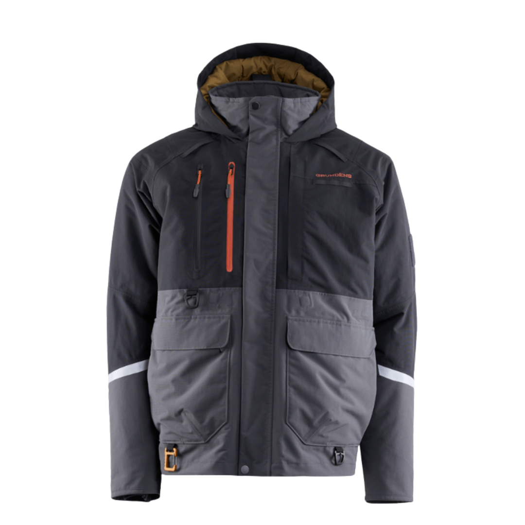 Gray jacket with orange zipper on a white background