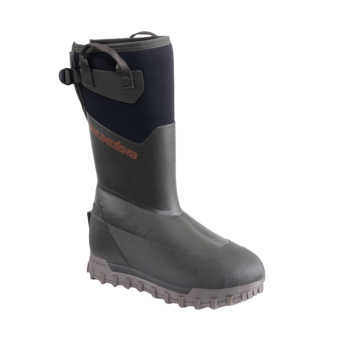 Gray/brown rubber boot with a brand logo on a white background