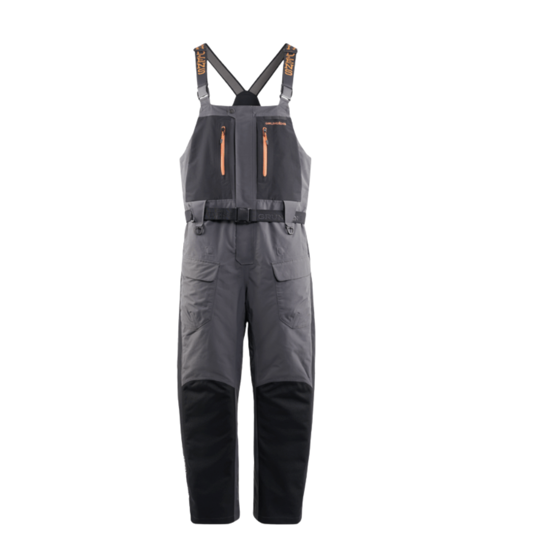 Gray bib overalls with black pants on a white background