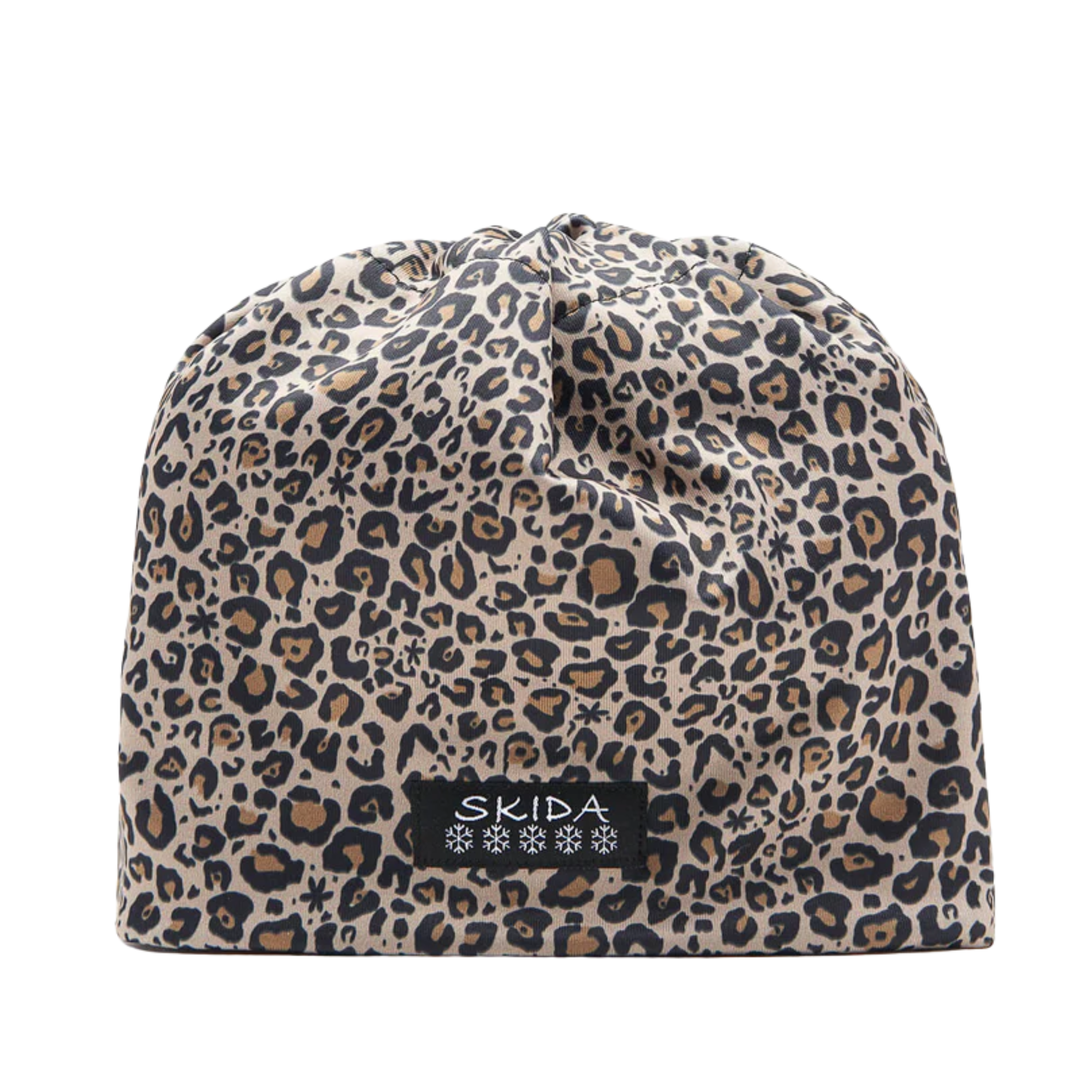 Leopard print drawstring bag with 'SKIDA' label on a white background